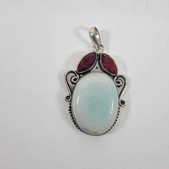 Larimar Pendant Necklace – With Garnet Accents + 20" Silver Snake Chain - Picture 2 of 10
